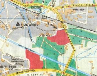 Zwei Entwicklungspotentiale als Industrieflächen brachte Bürgermeister Stodollick in der Ratssitzung ins Spiel: Die Erweiterung der Gewerbegebiete "Im Berge Ost" (orange unten) und "In den Telgen" (orange oben). Repro: Frank Bock